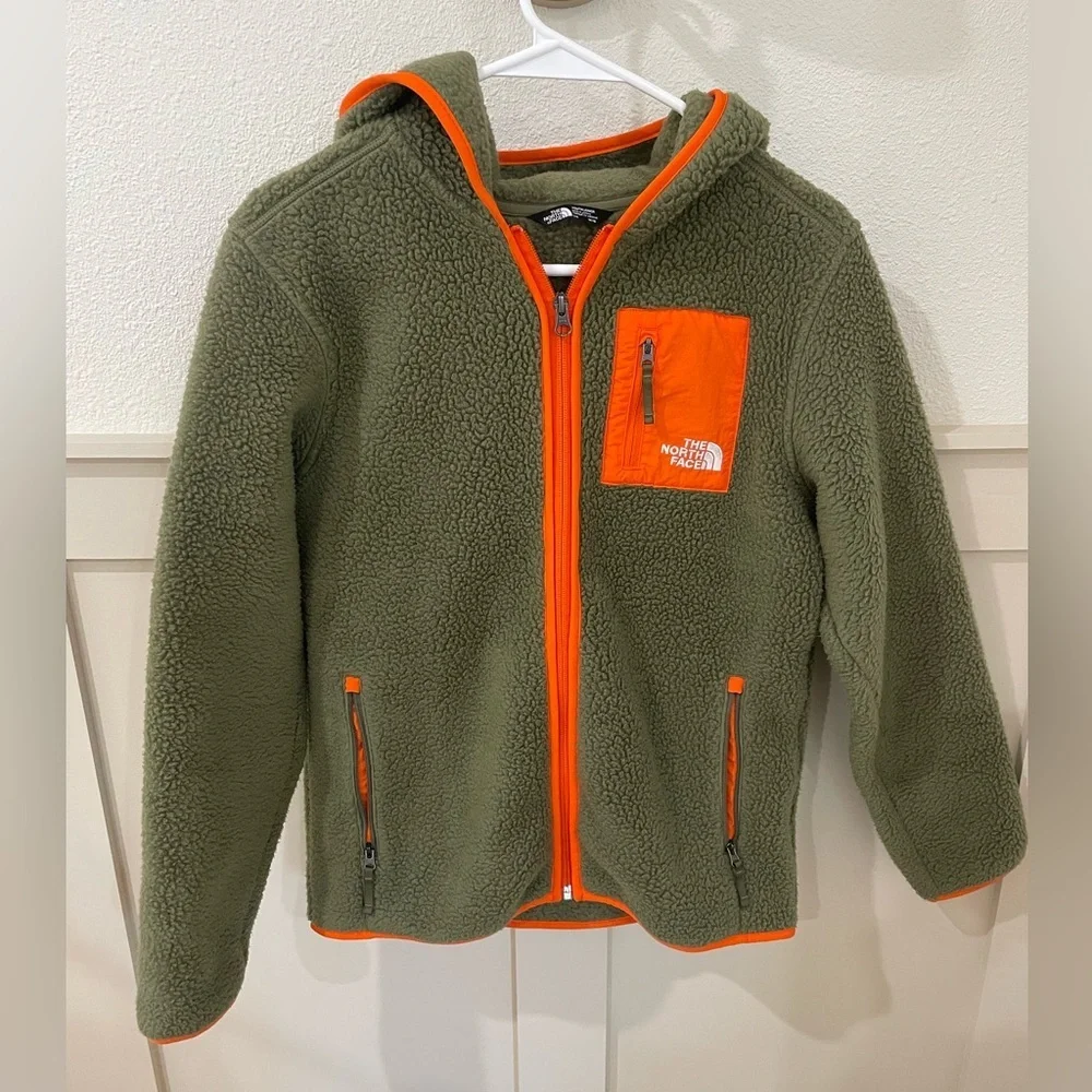 The North Face Olive and Orange Youth Fleece Zip Up Jacket Coat